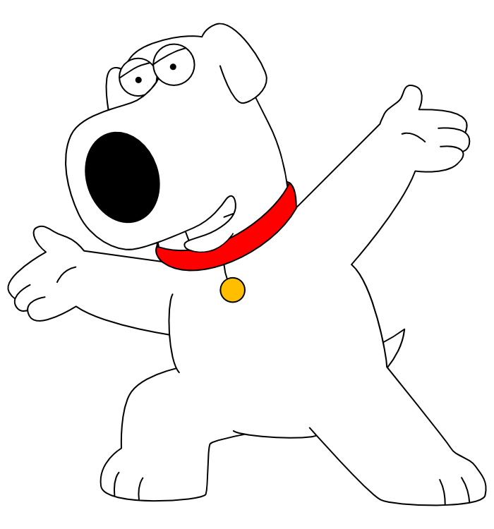 brian griffin in his pose from the end of the family guy theme song. his arms are lifted and he is leaning to the left, his right knee bent and left leg straight. he is grinning.