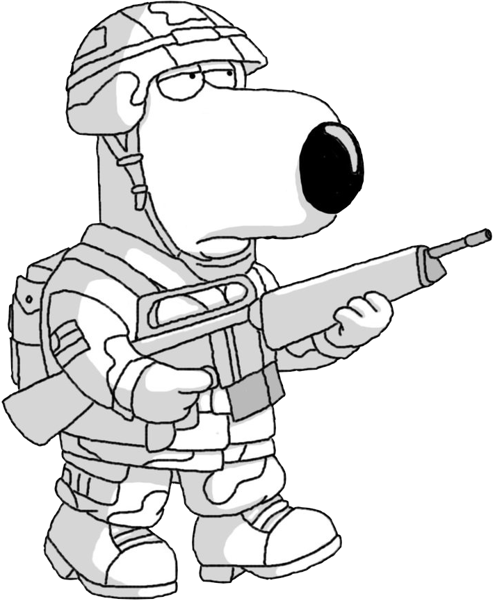 fanart of brian griffin in full military gear carrying an assault rifle. he is walking with a serious expression