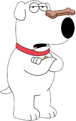 brian griffin standing with his arms crossed, eyes hooded sarcastically, and mouth open speaking. he has a bone shaped dog treat (milk bone) on his nose.