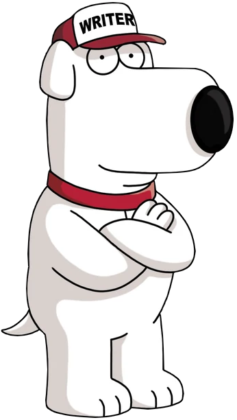 brian griffin standing with his arms crossed wearing a trucker hat that says 'writer'