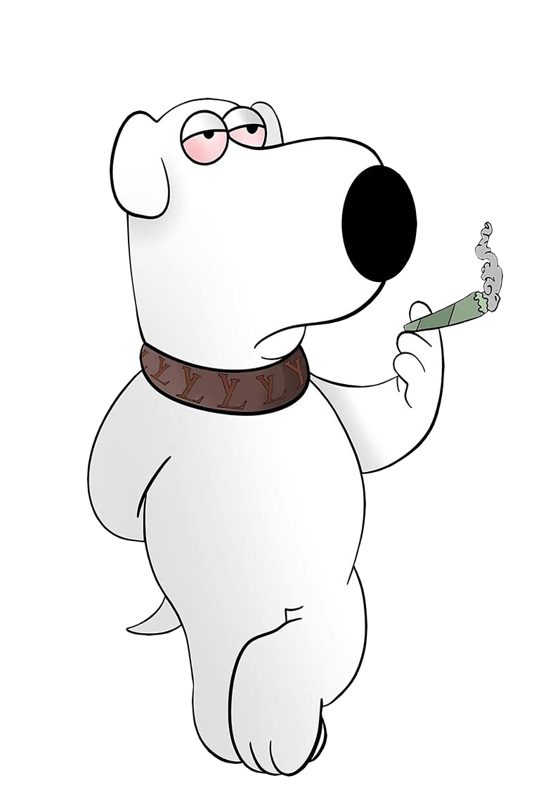 fanart of brian griffin smoking a blunt. his eyes are bloodshot and he is wearing a brown louis vuitton collar instead of his usual red one.